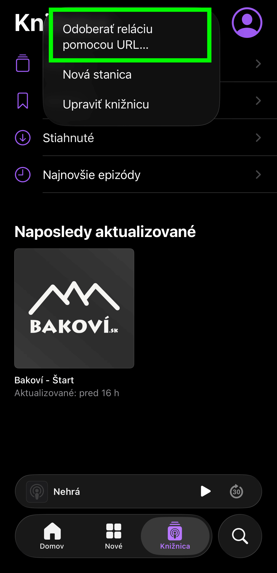 Z ponuky vyberte možnosť Odoberať reláciu pomocou URL